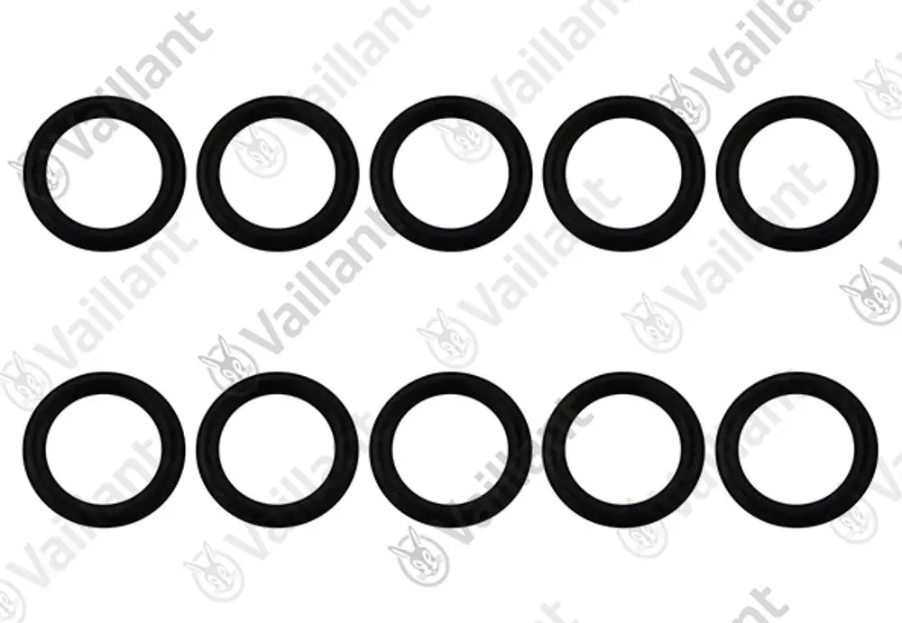 Schwarze O-Ringe in mehreren Größen, angeordnet in zwei Reihen, mit dem Logo der Marke Vaillant sichtbar im Hintergrund.